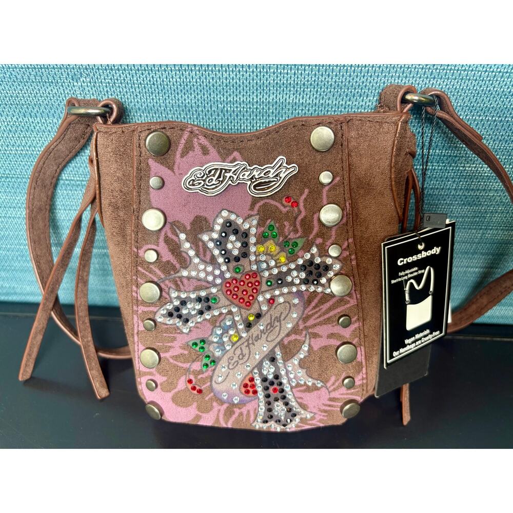 NWT - Stylish Ed Hardy Mini Brown Crossbody Bag - Picture 3 of 10
